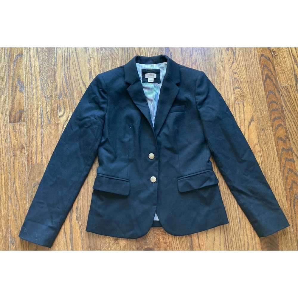 J Crew Womens Blazer Size 2 Schoolboy Black Gold Button Wool Blend Jacket